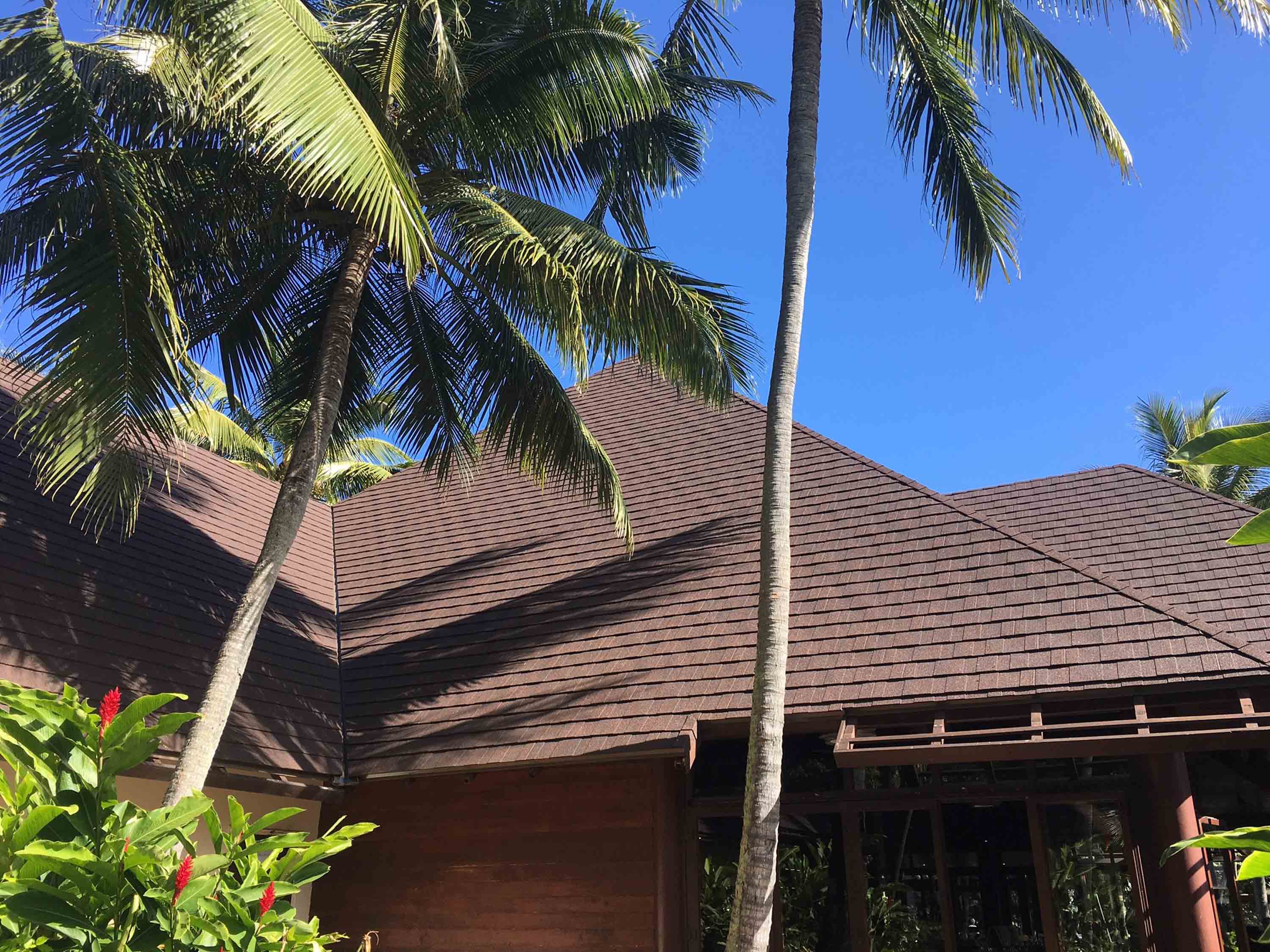 Resort roof, re-roofed with steel roofing. Profile: CF Slate, Walnut.