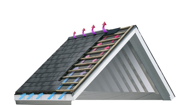 Image of a roof showing how the air flows with Above Sheathing Ventilation (ASV)