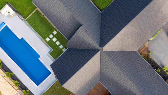 CF Shake, Charcoal Blend, New Build, New Roof, Architecturally Designed, Pool, Aerial View